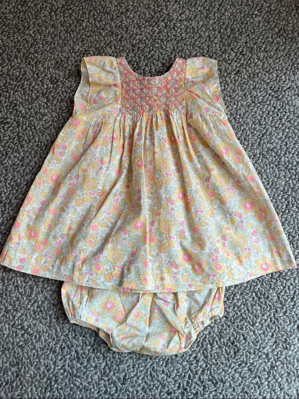 Bonpoint Yellow and Pink Floral Smocked Dress with Bloomers